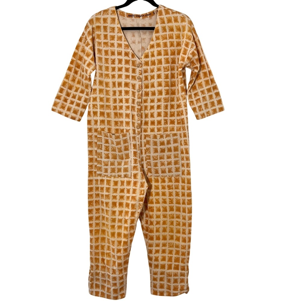 Happy French Gang Jumpsuit S/M yellow Block Print Handwoven Cotton Minimalist